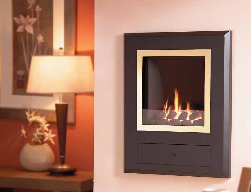 It features a striking curved black glass fascia, framing a beautifully realistic log fuel effect and a fully automatic remote control system.