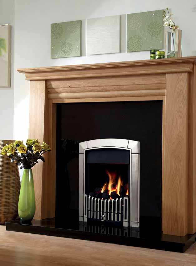 The Caress Plus openfronted high efficiency gas fire offers a choice of Contemporary or Traditional look in polished silver or brass, a heat