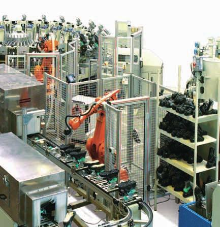 Robots can, for example, spray releasing agent and glue precisely and reproducibly, roughen uppers and position pick&place method lasts, sole parts, steel soles or