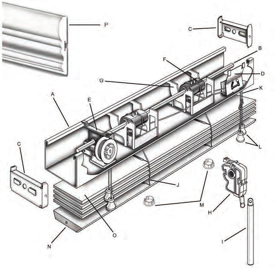 Custom-Made 2 & 2 1/2 Fauxwood or Basswood & 2 PVC Solid Curved Blinds Parts: A) Low Profile Headrail Steel B) Pinion Rod (Tilt Rod) Hexagonal C) End Stiffeners D) Cord Lock E) Cord Tilter F) Tape