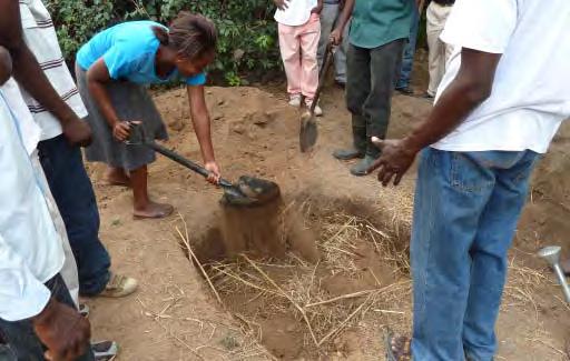 Dig a pit 1 metre x 1 metre x 1 metre Make compost May to