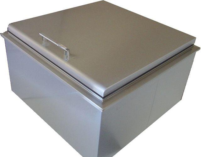 x 21 h x 21 d 28 1/2 w x 19 h x 21 deep Slide in Ice Chest w/ Speed Rail and Condiment Tray Fully insulated, 100% stainless steel ice chest
