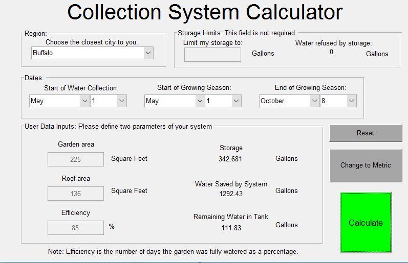 Figure 5.1 Collection System Calculator The program accounted for a 15% loss of water collected by the roof due to evaporation and runoff. The program also assumed that the garden requires.