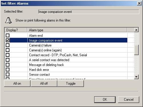 Software PGuard-Multiuser 5.3.4 Set filter: Alarms Activate the Alarm types checkbox and click on the button. The Set filter: Alarms dialog window will open.