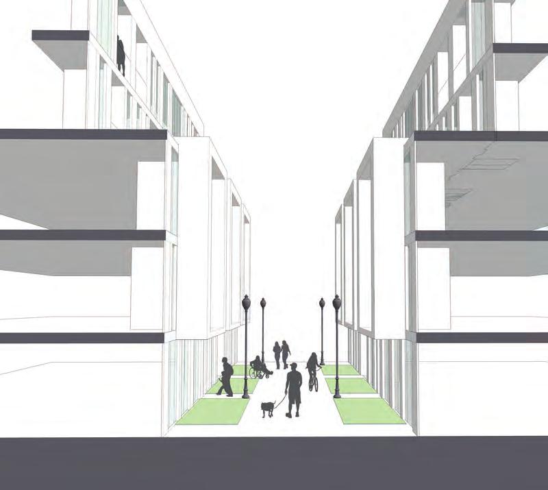 Figure 2.06: Guidelines for Public Through-Block Connections Shared by Pedestrians and Cyclists Only C. Step back upper floors to allow sunlight into the space. A.
