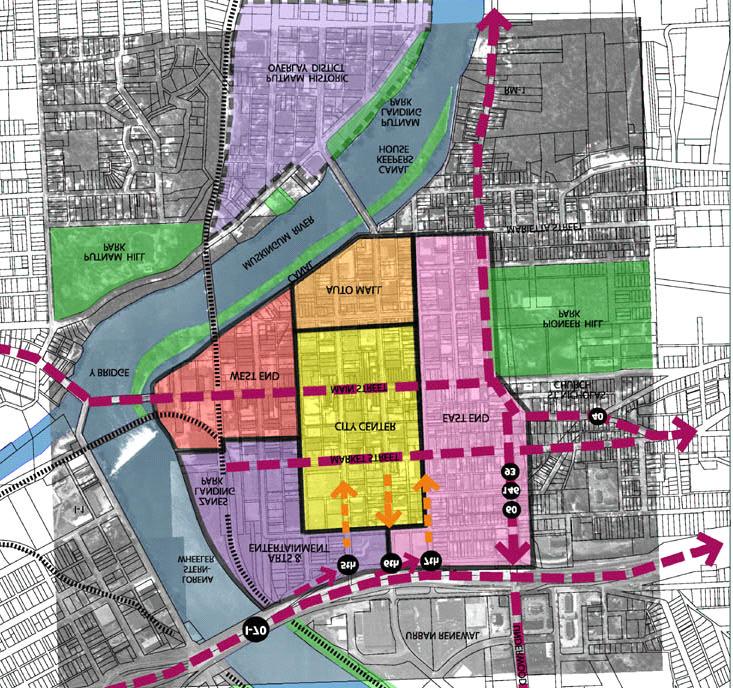 The District Map shown to the right was drawn based upon the 1995 Master Plan prepared by Hyett Palma. The 1995 Master Plan recommended the following districts for downtown Zanesville.
