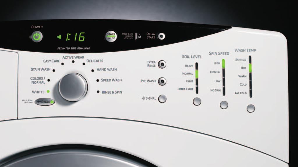 Feature gallery control panel GE frontload washer Model WCVH6260F 1 2 3 4 5 Wash Cycles Choosing the wash cycle automatically sets the soil level, spin speed and wash temperature.