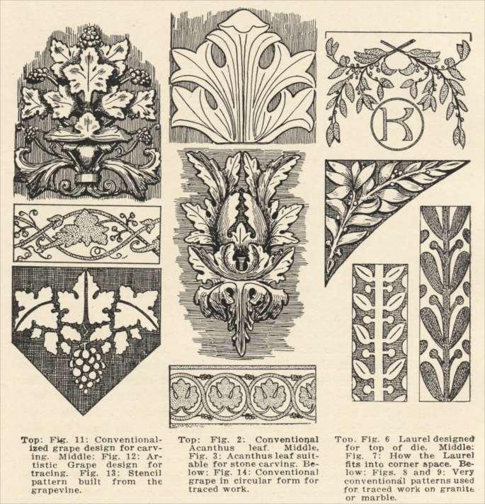 First column on left: Fig. 11. (top) Conventionalized grape design for carving. (middle) Fig. 12. Artistic Grape design for tracing. Fig. 13. Stencil patern built from the grapevine.