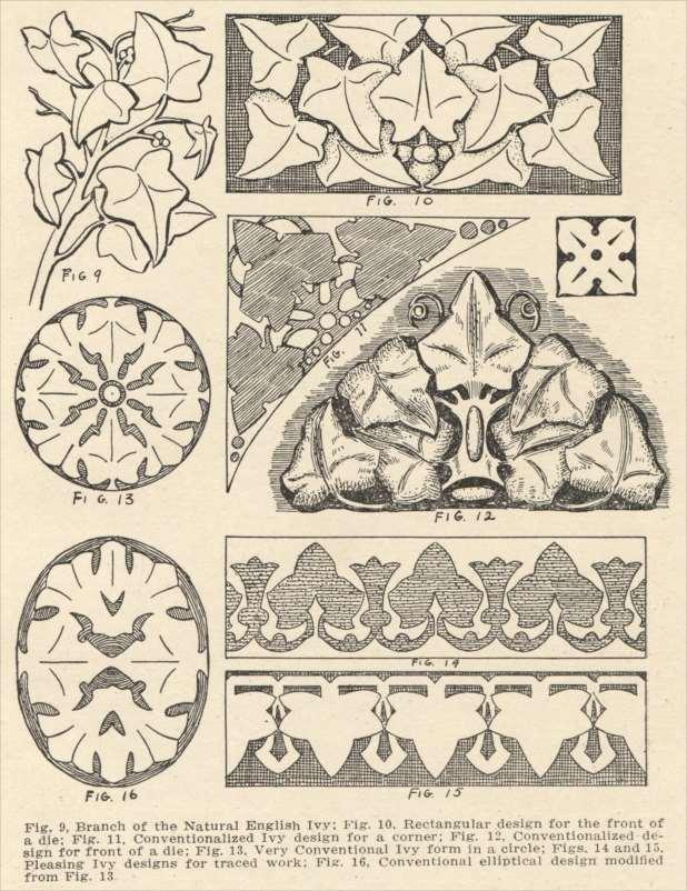 Fig. 9. Branch of the Natural English Ivy; Fig. 10. Rectangular design for the front of a die; Fig. 11. Conventionalized Ivy design for a corner; Fig. 12.