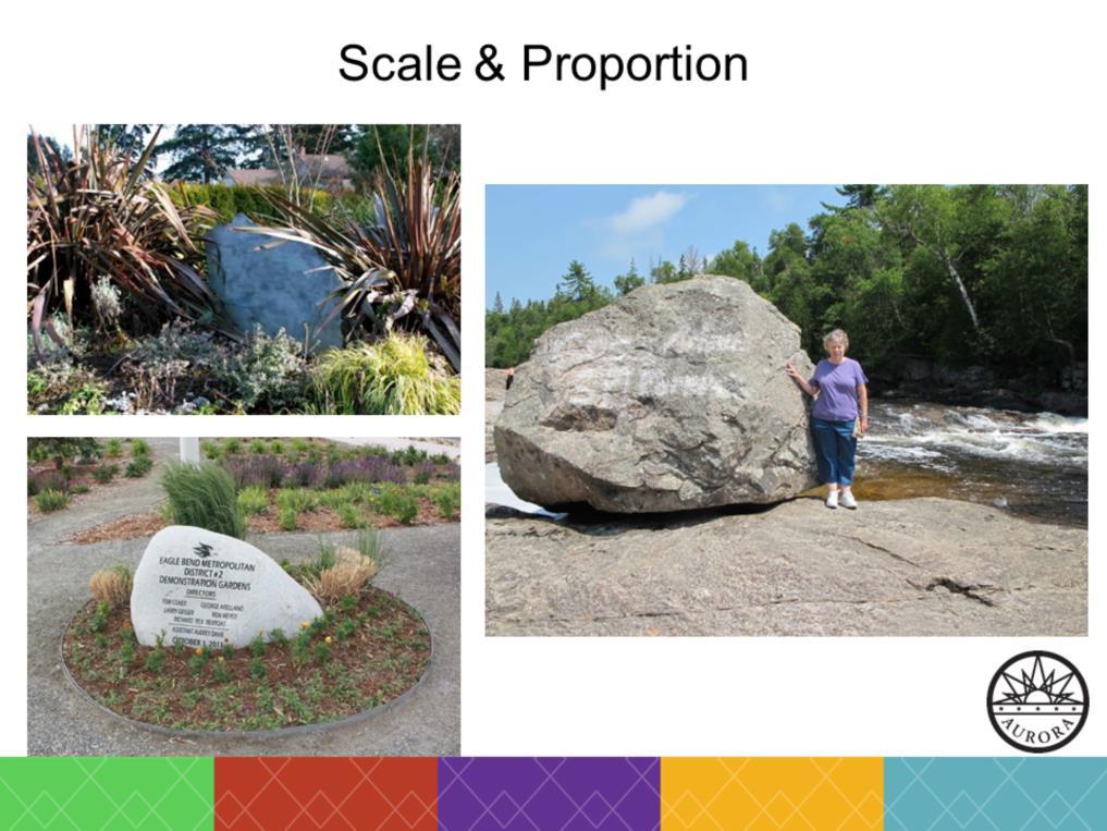 Proportion is the size of an object in relation to other objects in the garden. Scale, on the other hand, is the relationship of an object to a fixed object, usually the human body.