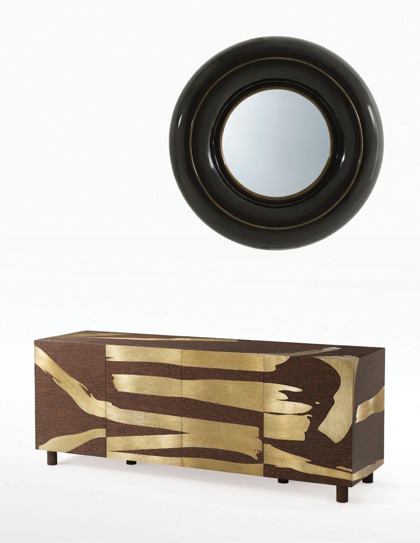 Console Cabinet / Quarter Oak Veneer with Sable Finish Brushstroke Textured Brass