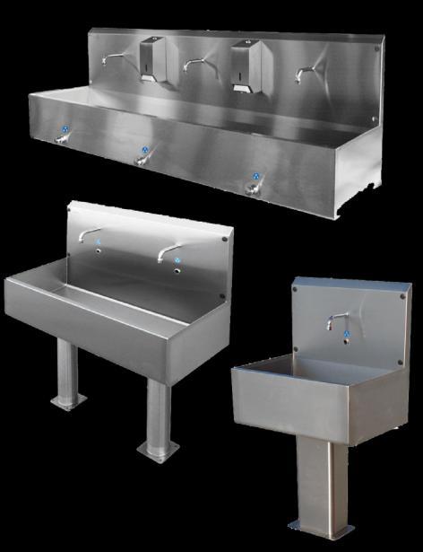 HAND BASINS Multi-station sink 5309- Sink made of stainless steel. Back board with a border height 100 mm. Cold and hot water connection: 1/2. Water temperature control.