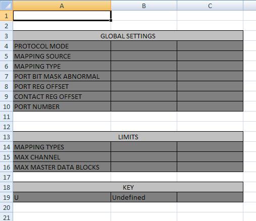 Mapping Mapping is configured using the mapping spreadsheet. The spreadsheet is used to map port data to channels and also to setup the Modbus master block requests.