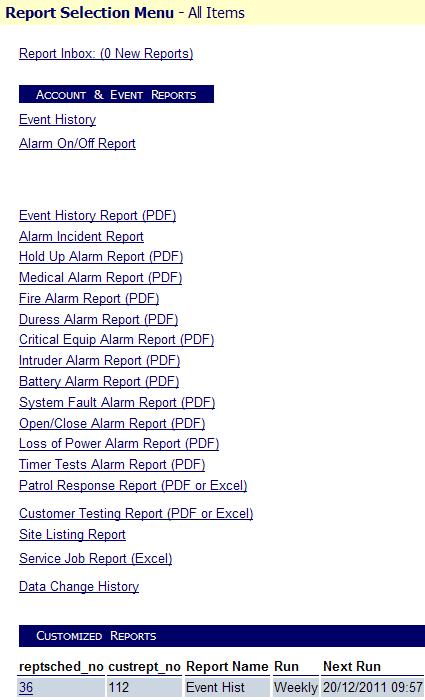 Reports To request and schedule alarm reports via ADT Select, select the Alarm Reports link from the Main Banner Report Inbox The inbox contains one-off reports which have been generated via ADT