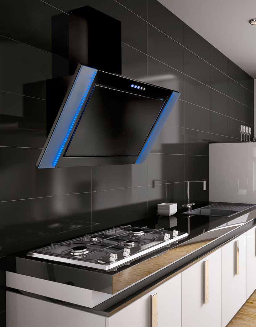 WALL MOUNTED LA-SGE Stainless Steel and Black Hoods Angled off the wall, this extractor really is eye catching.