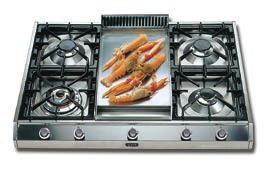 90cm Professional Gas Hob - 4 Burner Fry Top HP965FD Robust, professional style build quality Sits on top of kitchen cabinetry Solid stainless steel Fry Top griddle Cast-iron griddles Burner