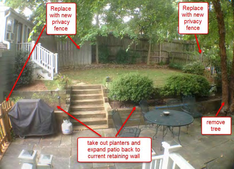 Backyard looking west from backdoor. Same view as Elevation A on drawings. Existing top left. \/ Planned work noted bottom left.
