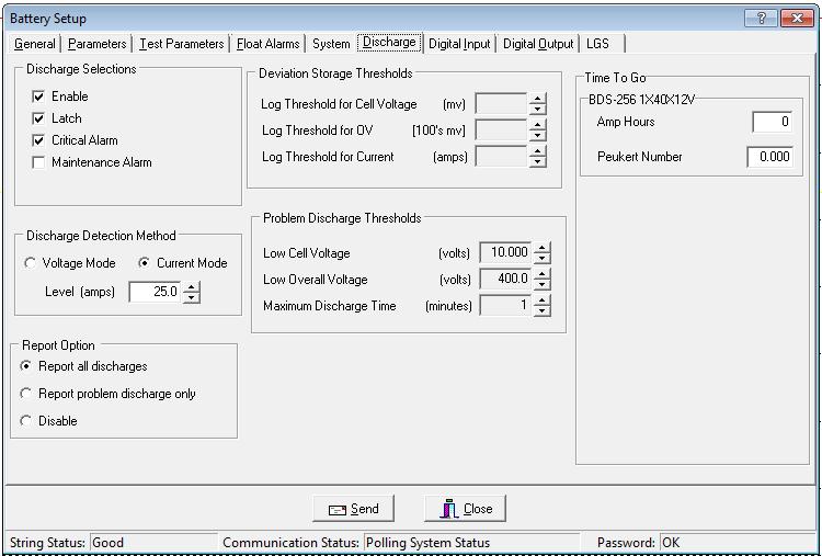 Programming Battery Setup for the BDS 18.6. Battery Setup: Discharge (BDS) String View > Setup Battery Discharge The following appear on the Discharge dialog box. Discharge Selections Area: Figure 69.