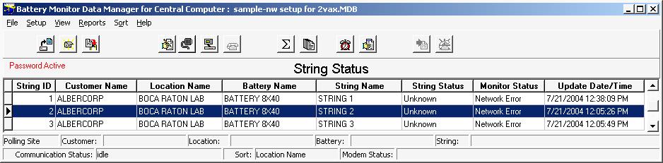 Viewing Battery and Monitor Status 21.2. String Status Screen At start-up, the BMDM displays the String Status screen. The first time the program runs, no strings are listed.