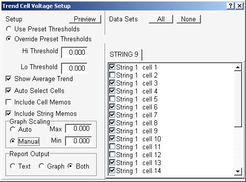 Using the Report Generator 22.4. Trend Cell Voltage Report String View > View Reports Trend Cell Voltage To create a Trend Cell Voltage report, click Cell Voltage.