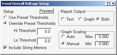 Using the Report Generator 22.7. Trend Overall Voltage Report String View > View Reports Trend Overall Voltage To create a Trend Overall Voltage report, click Overall Voltage.