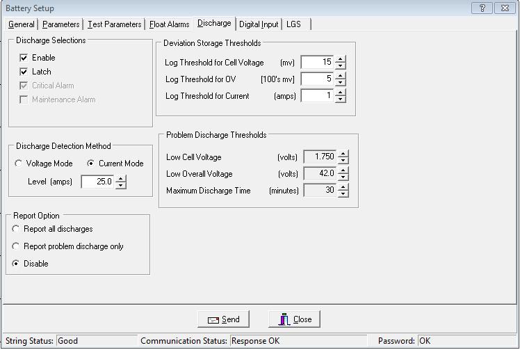 Programming Battery Setup for the MPM 17.5. Battery Setup: Discharge (MPM) String View > Setup Battery Discharge The following appear on the Discharge dialog box. Discharge Selections Area: Figure 56.