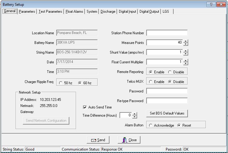 Programming Battery Setup for the BDS 18.1. Battery Setup: General (BDS) String View > Setup Battery General The following appear on the General dialog box. Figure 60.