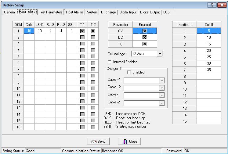 Programming Battery Setup for the BDS 18.2. Battery Setup: Parameters (BDS) String View > Setup Battery Parameters The following appear on the Parameters dialog box.