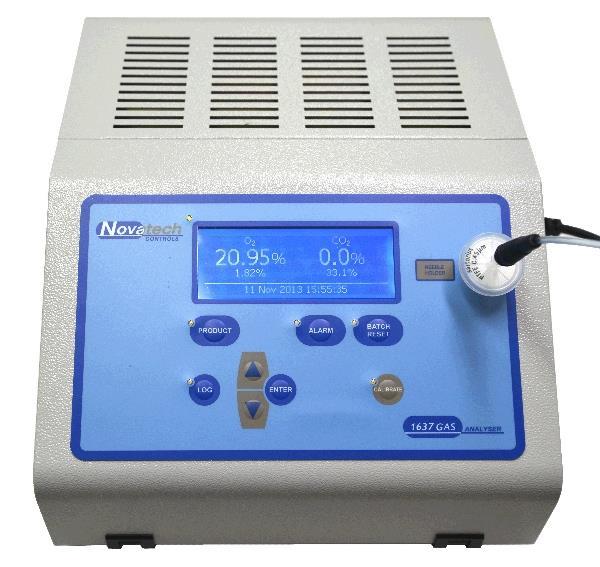 Chapter 1: Overview & Specifications 1.3 Case Mains Power Socket (side of case) Sample Gas Inlet Display Needle Holder Keypad Display The 1637-Mk II display is a 192x64 pixel monochrome graphical LCD.