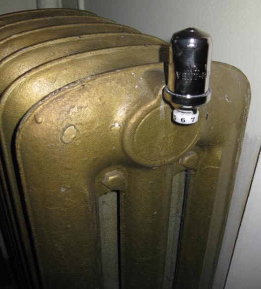 Each radiator has a knob on it to control the heat in the individual rooms.