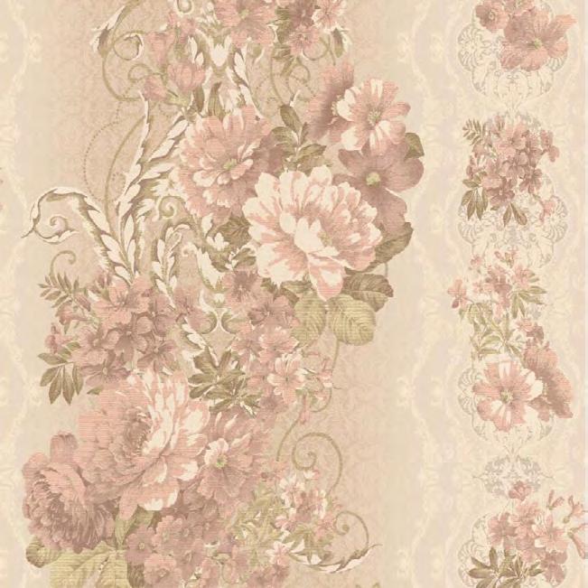 BOUQUET DAMASK TEXTURE Delicacy of design and color combine to create genteel wallpaper suitable for a southern manse or a twenty-first century home.