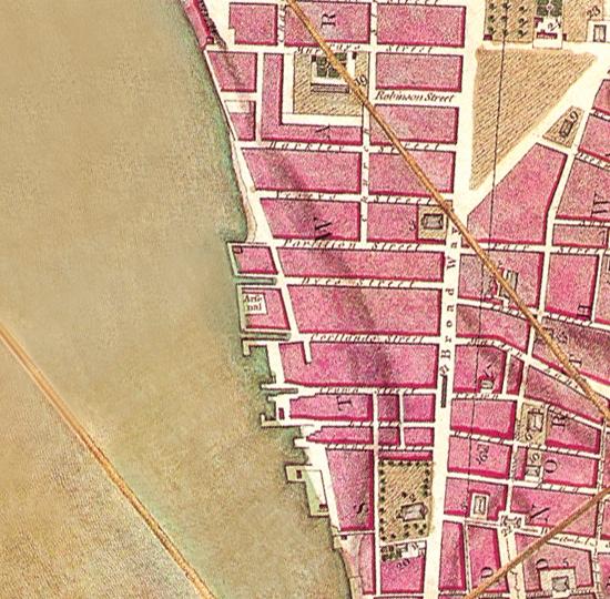 By 1797, just thirty years later, the beginnings of Washington Street can be seen along the western shoreline, though the street did not connect south beyond Liberty Street.
