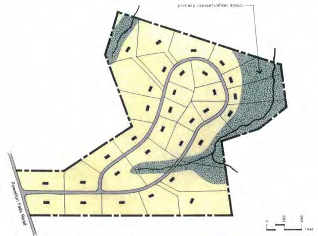 CHAPTER 3 Site Planning and Low Impact Development illustrates the placement of roads and homes in a residential development that avoids stream impacts.