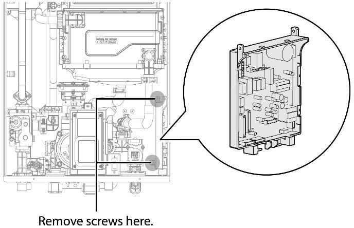 3. Remove the two screws holding the PCB tray in place and pull out the PCB tray from the unit. 4. Verify the current PCB version of the NPE water heater.