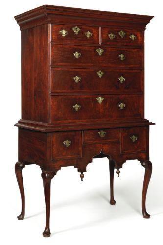 High chest of drawers on stands, slant front desks on top of chest of drawers, and increased table sizes and styles; the most notable being the drop leaf table with Rule joints were introduced.