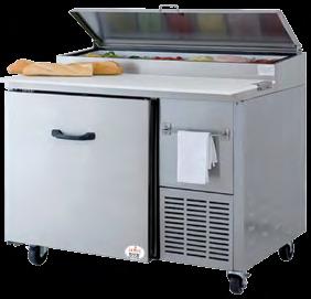 Refrigerated Prep Stainless steel finish Low energy consumption Two storage levels Adjustable shelves Six poly-carbonate inserts included Corrosion resistant white interior finish Automatic defrost