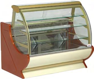 Bakery L Symphony Anodized finish Top hinged, curved front glass Glass ends Fixed glass shelves (3) Dual temperature zones Top two shelves are non refrigerated Stainless steel display deck Granite