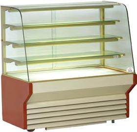 Bakery L Harmony Anodized finish Curved front glass Glass ends Fixed glass shelves (3) Glass all around display Stainless steel lower display deck Sliding glass doors at rear, full size for access