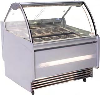 Frozen G12 Gelato-Italian Ice Cream Modern design high visibility Painted gray ABS end walls Stainless steel preparation counter Fully mobile Stainless steel bins Stainless steel front Sliding rear