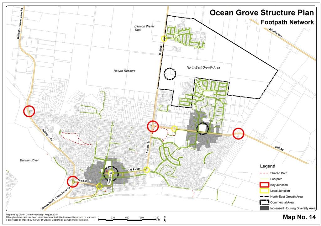 Map 14 Footpath Network- Ocean Grove The Town Centre UDF identified the need for a strategic and coordinated approach to developing a comprehensive footpath network for all of Ocean Grove.