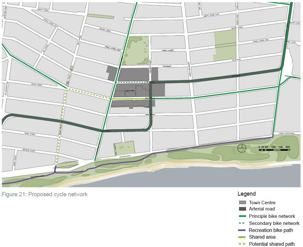 Figure 19 Ocean Grove Town Centre UDF- proposed cycle network Source: City of Greater Geelong Ocean Grove Town Centre UDF Car Parking The Ocean Grove Town Centre UDF considered car parking needs.