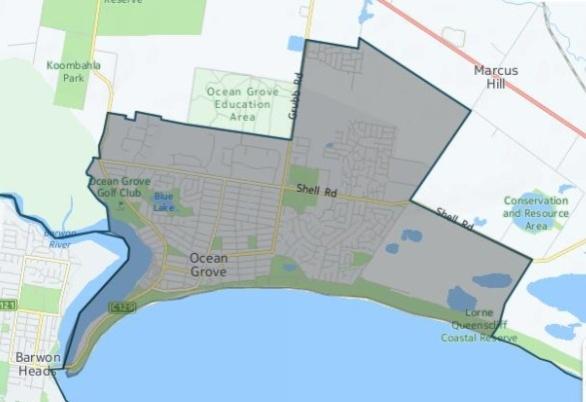 Estimated Population 2015 The estimated population in Ocean Grove for 2015 is 13,855 (Source:.id). Figure 9 shows the small area population forecast boundary used by.id. The forecast area boundary drawn by.