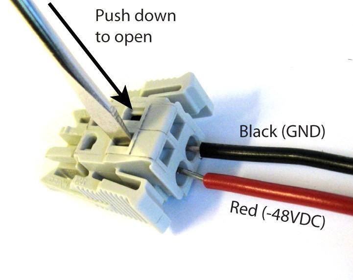 7 4. Using the cables provided, insert the battery ground (included black cable) into the WAGO connector's right terminal; then insert the 48VDC / -60VDC line (included red cable) to the connector's