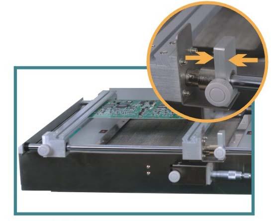 * PCB Fixture Movable PCB fixture is able to fix PCB with different size. It has four lock knobs and two micro-adjusting knobs.