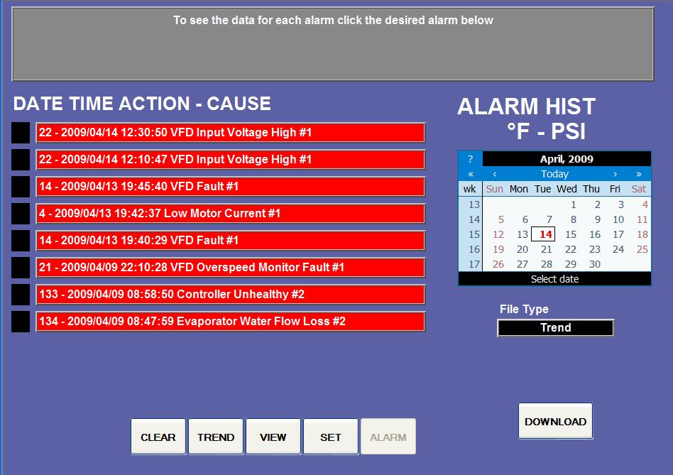Chiller Alarms Figure 25: Active Alarm Screen The Active Alarm screen is accessible when an active alarm exists on the unit by pressing the red alarm signal on any screen.
