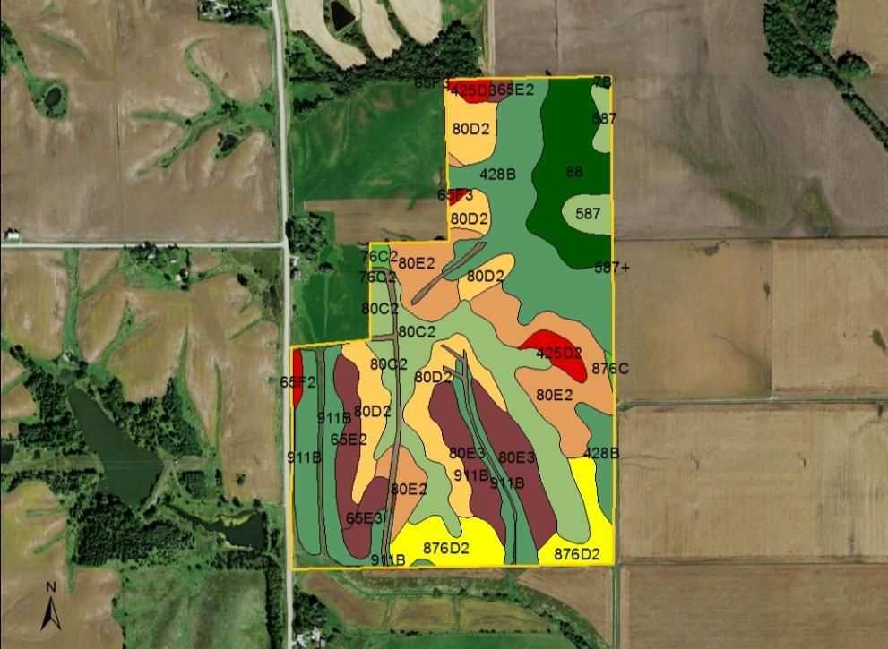 Soil Map: Parcel 1 Measured Tillable Acres 178.3 Avg. CSR: 59.4 Avg. CSR2: 61.1 Percent Non_Irr Soil Label Soil Name CSR CSR2 of Field Class Acres 425D2 Keswick silty clay loam, 9 to 14 12 9 1.