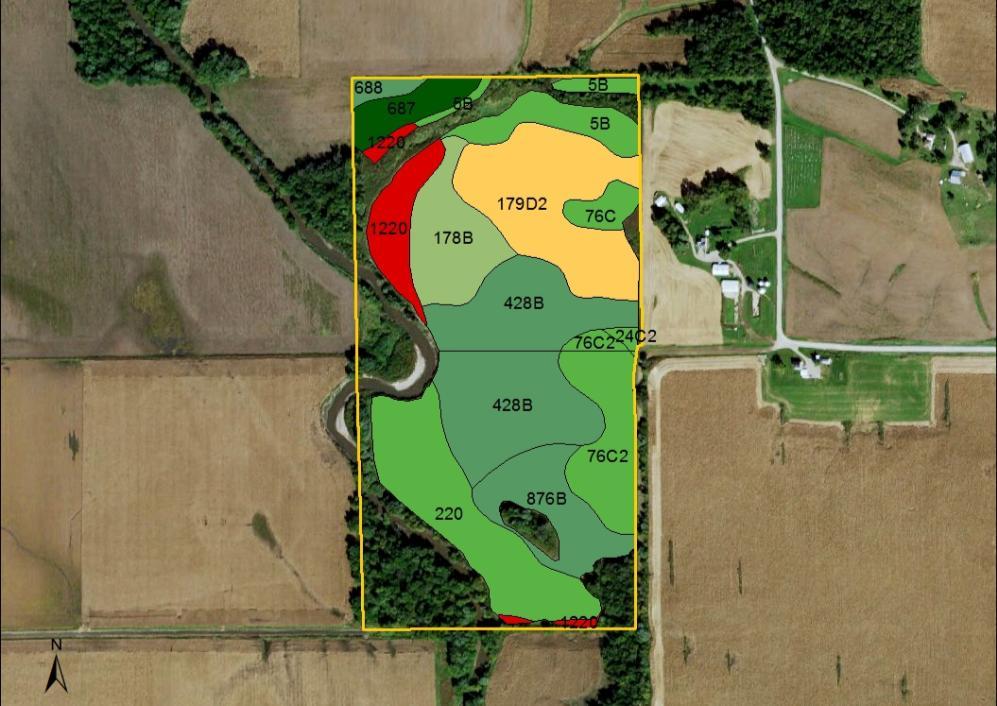 Soil Map: Parcel 2 Measured Tillable Acres 61.6 Avg. CSR: 72.4 Avg. CSR2: 70.9 Percent Non_Irr Soil Label Soil Name CSR CSR2 of Field Class Acres 1220 Nodaway silt loam, shallow loess, 0 25 5 5.