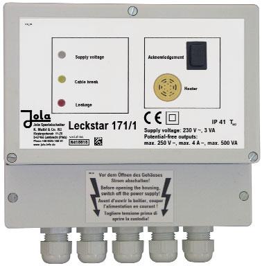 Leckstar 171/1 and Leckstar 171/2 electrode relays without DIBt certicate with cable break monitoring feature for connection of 1 conductive electrode with Z10 cable break monitoring unit with