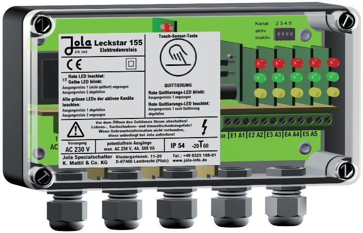 Leckstar 155 electrode relay without DIBt certificate with cable break monitoring feature for the connection of 5 conductive electrodes with Z10 cable break monitoring unit with touch sensor button