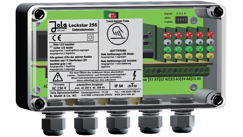 Leckstar 255 electrode relay without DIBt certificate with cable break monitoring feature for the connection of 5 conductive electrodes with Z10 cable break monitoring unit with touch sensor button